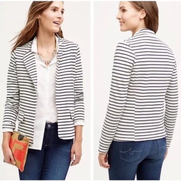 Anthropologie Dolan Left Coast Ava Gray Navy Blue Striped Blazer Jacket Size Med - Picture 1 of 7